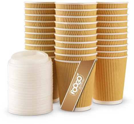 FOOGO Green 25pcs 8oz Disposable Strong Triple-Wall Brown Paper Coffee Cups with Secure Lids, FSC® Certified, Fully Compostable, for Hot Drinks, Takeaway and Parties
