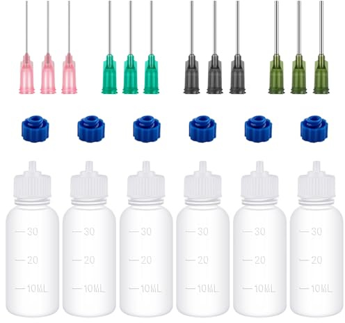 BAOFALI Juego de 6 aplicadores de pegamento de punta fina de 30 ml; botellas de plástico exprimibles con puntas de aguja; botellas aplicadoras vacías de punta preciada para filigranas de papel,