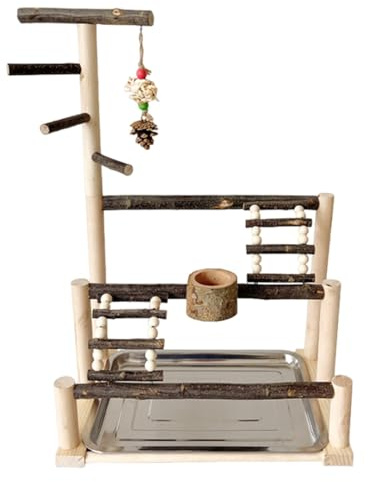 Parrot Perch Stand,Interactive Large Bird Stand Playground - Parakeet Cage Accessories with Feeding Cups, Natural Parrot Playstand Gym for Budgies, Cockatiel