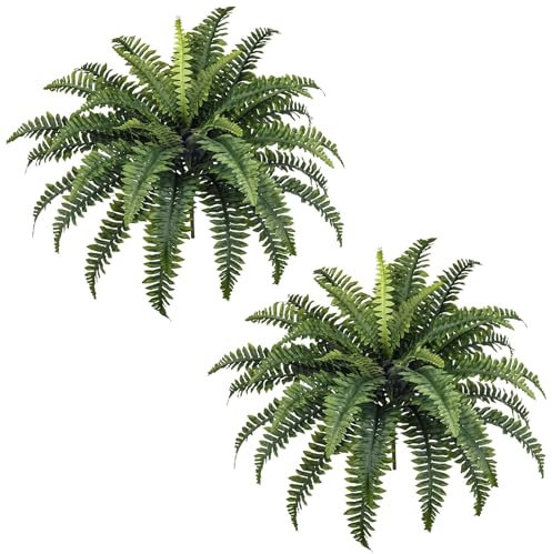 FOREST PRINCE 2 PCS Artificial Boston Fern Outdoor, 33In Fake Bush Plants Large for Indoors, Home Decor, Windowsill, Garden Decorations (39 Fronds)
