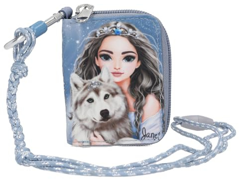 Depesche TOPModel Wolf Geldbörse mit Umhängeband in Dunkelblau mit Modell Motiv und Glitzer, Geldbörse mit Fächern für Münzen, Scheine und Karten, Mehrfarbig 13155
