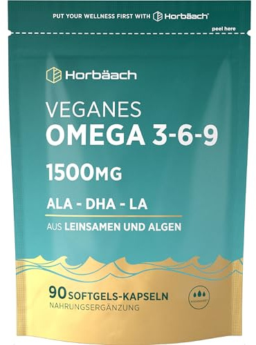 Omega 3 6 9 Vegan 1500mg | 90 Capsule Molli Vegane | Ricco di Omega 3 | Integratore Alimentare con Acidi Grassi ALA DHA | da Olio di Semi di Lino e Olio di Alghe | Omega 369 | di Horbaach