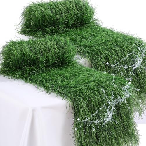 Tudomro 2 Pcs Artificial Grass Table Runner 12 x 36 Inch Faux Grass Placemats Green Moss Synthetic Turf Table Runner for Wedding Baby Shower Golf Football Garden Birthday Party Tabletop Decor(Fluffy)