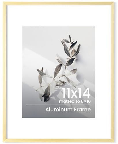 Feihorrm 11x14 Picture Frame, Aluminum Gold Photo Frame W/ 8x10in Mat