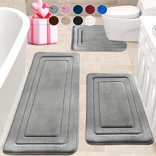Wlian Memory Foam Bath Mat Set – 3 Piece Non-Slip Absorbent Water-Resistant Bath & Toilet Mat Set, Soft Bathroom Door Mat (Grey 120×50cm + U50×60cm + 50×80cm)