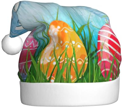 EdWal Easter Egg Bunny Grass Wooden Print Plush Santa Hat, Christmas Hats For Adults, Cozy Holiday Headwear, For Christmas Parties