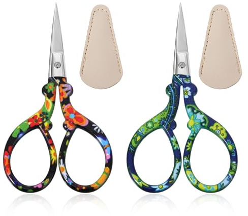 Lot de 2 ciseaux à broder - Ciseaux à tissu - Petits ciseaux en acier inoxydable - Pour couture - Filetage - Artisanat - Point de croix - Coupe avec faux cuir - Couverture de ciseaux - Outil de