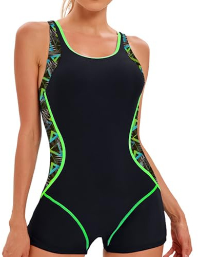 LXEASYGO Womens One Piece Swimsuit with Short Sports Scoopback Swimming Costumes Modest Swimwear with Tummy Control & Removable Foam Cups (UK, Numeric, 12, 14, Regular, Regular, Black Green)