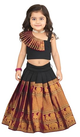 Amzira Baby Girls Lehenga Choli, Black with Maroon and Gold Traditional Design