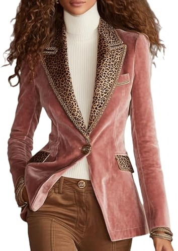 Generisch Americana de terciopelo para mujer con bolsillos, estampado de leopardo, patchwork, cuello de solapa, cierre de un botón, manga larga y corte ajustado., Rosa., XL