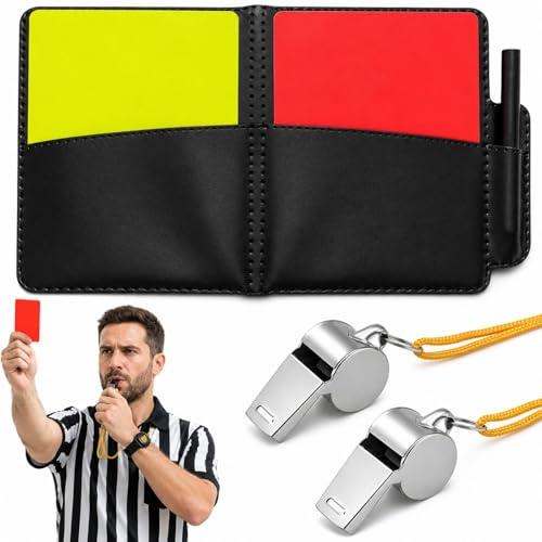 QLK Set De Tarjetas De Árbitro, Tarjetas Roja Y Amarilla con Silbato Metálico Y Lanyard, Bloc De Resultados Y Lápiz para Fútbol Y Baloncesto