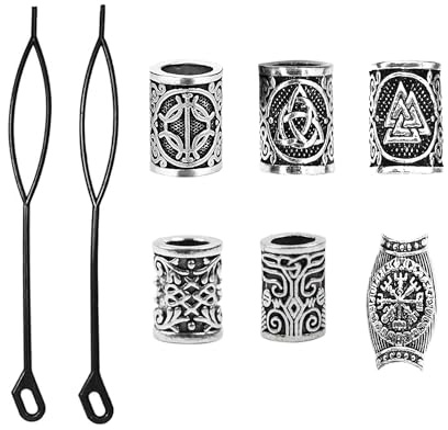 TUKEVA 6 st vikingaskäggpärlor, med 2 hårtråd, vikingapärla, nordiska vikingamärlor, unisex för skägg och hår