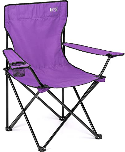 Trail Folding Camping Chair, Lightweight Outdoor Chair with Cup Holder Armrest, Heavy Duty Tubular Steel Frame, Fast-Drying Polyester, Carry Bag, 100kg Capacity (Purple)