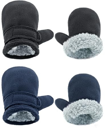 SEYUFN Guantes de invierno para bebé, forro de muletón, para niños pequeños, cálidos, suaves, para bebés, niñas, guantes ajustables al aire libre, Negro y azul marino, L