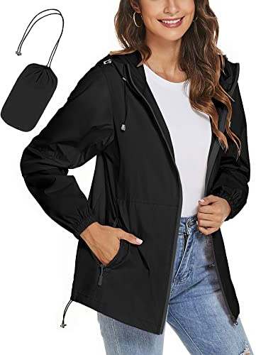 iWoo Raincoat Women Waterproof Jackets Ladies Lightweight Jackets Outdoor Summer Rain Coats For Hiking Travel Black XL
