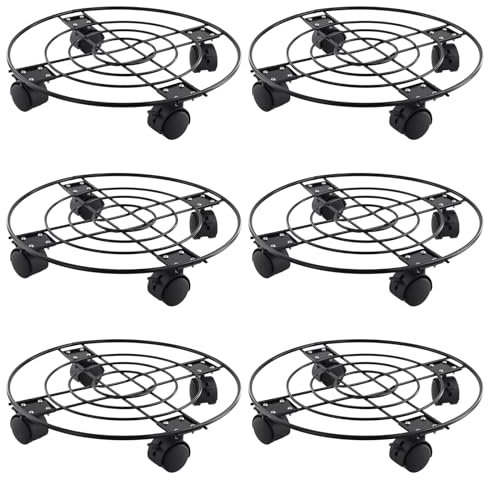 JEUIHAU 6 Pack 27cm Metal Plant Caddy with Swivel Brake Wheel, Heavy Duty Round Rolling Plant Stand, Black Plant Pot Caddy for Indoor Outdoor Home Garden