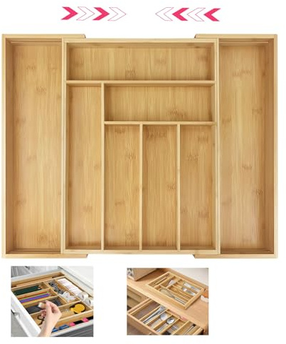 HSHa Wooden Bamboo Cutlery Tray, Expandable Utensil Tray for Kitchen, 6-8 Compartment Drawer Divider for Silverware, Long Lasting and Durable Flatware Organizer for Drawer