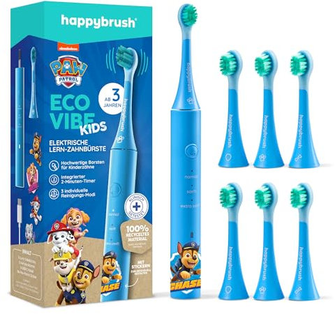 happybrush® Elektrische Zahnbürste Kinder - „Die Höhle der Löwen” - TESTSIEGER* - Kinderzahnbürste im Paw Patrol Design - Inkl. 6 Aufsteckbürsten - 4 Monate Power Akku