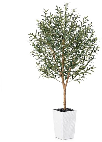 VeriNatural Artificial Olive Tree 6FT, Faux Olive Trees with Real Wood Trunk, UV Resistant Fake Plants in Planter & River Rocks, Indoor Tall Silk Plant for Home Living Room Office Outdoor Decor, VN133