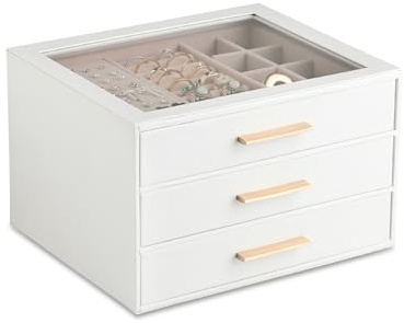 Frebeauty Jewellery Box with Clear Lid,Jewellery Organiser with 3 Drawer,PU Jewellery Organisers and Storage,Jewellery Boxes for Women,Earring Holder Organiser,Jewellery Storage for Rings(White)