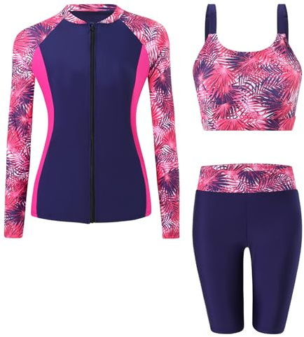 Ausing Maillot de Bain 3 Pièces Femme Protection Solaire Ensemble Rashguard Manches Longues + Short +Tankini Surf Plage