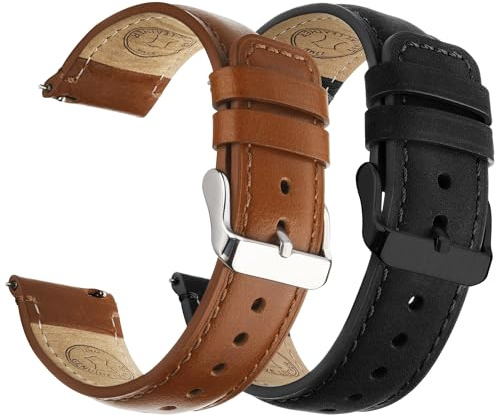 Fullmosa 18mm 20mm 22mm 24mm Leather Watch Bands, 2 Pack Soft Quick Release Watch Strap Compatible with Garmin Vivoactive 5/6/4/3, Venu 4/3S/2S, Samsung Galaxy Fossil Amazfit for Men Women,22mm Toffee Brown&Silver/Black&Black