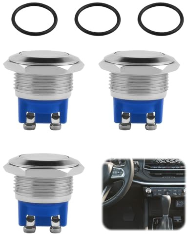 3 Pezzi 19 mm Pulsante a Testa Piatta da in Acciaio Inox Impermeabile IP65 2 a 12 V-250 V Pulsante Interruttore Adatto per il Collegamento di Controllo di Auto PC Altoparlante Dispositivo di C