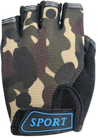 VINWO Boys Camo Tactical Fingerless Gloves, Sport Bike Gloves for 5-8 Year Kids Monkey Bars Climbing Cycling Fishing