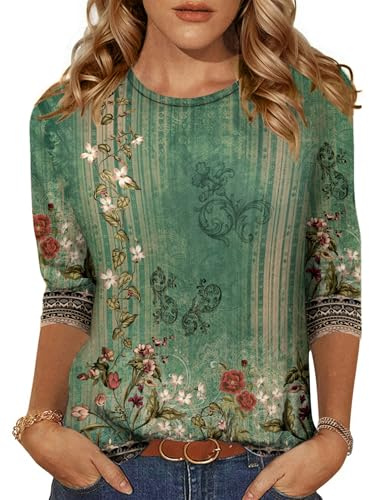 Zeagoo Camicette da Donna Top con Maniche a 3/4 Tshirt Floreale con Scollo Rotondo Magliette estive Retro Verde S