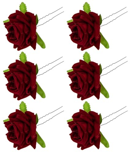 WOONEKY 6 Pezzi Forcine per Chioma a Forma di Rosa Simulata Rosse Forcella a U e Lega Accessori Decorativi per Chioma da Sposa e Feste Adatti per Matrimoni Balli e Cerimonie