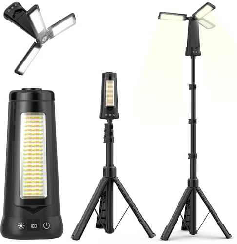 12000 mAh Foco LED Recargable con Trípode, 5000 LM Foco LED Exterior Batería, Luz Recargable Portátil Regulable & 5 Modos, Lámpara de Trabajo Ajustable para Construcción Taller Camping (Negro)