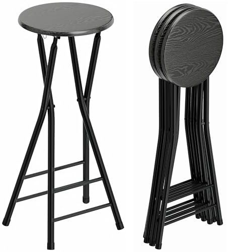 HOMCOM Set 4 Sgabelli Bar Pieghevoli, Sgabelli Cucina Alti Rotondi con 2 Poggiapiedi, Struttura in Legno e Acciaio, Sedie Bar Alte, per Penisola, Nero