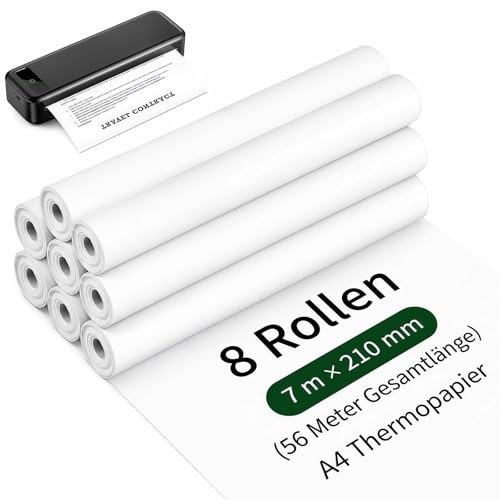 8 rullar A4 termopapper, 7 m x 30 mm termoskrivarpapper för bärbar skrivare termiskt papper för fildokument foton