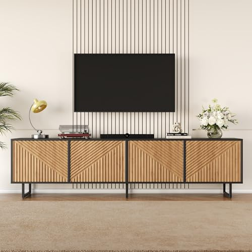 Merax 180cm TV Stand Cabinet for 75 Inch TV, Modern Industrial TV Unit with 4 Storage Cabinets & Cable Management, Black and Wood Entertainment Centre, Large Media Console for Living Room Bedroom
