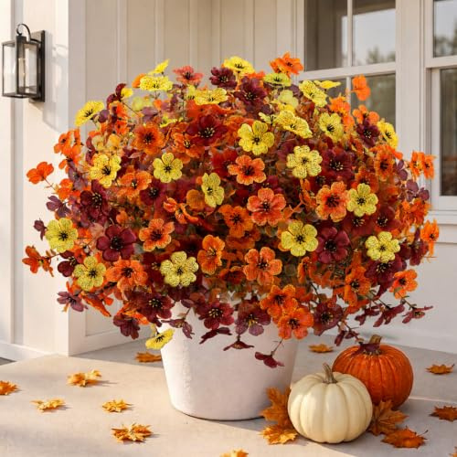 JOLCEEY 12 Bundles Autumn Artificial Flowers, 3 Colors No Fade Fake Plastic Faux Silk Flowers UV Resistant Greenery Plants for Outdoor Outside Garden Graves Decorations