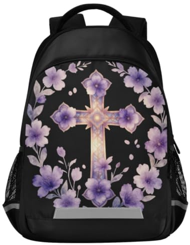 GuoChe skolryggsäck för barn bärbar dator bokväska | med reflekterande remsa 43 cm religiöst kors för välsignad mamma söt boho lila blomma