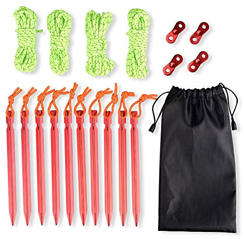 JTENG Zeltheringe Heringe Sandheringe, 10 Stück Aluminium Legierung Zelt Stakes Pegs Nails Bodenheringe 18cm Bodenanker & 4 Stck Leuchtend reflektierend Abspannseile Seil 4m & Tasche (ROT Heringe)