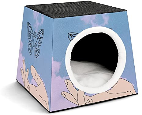 Three-Purpose Cat House Cat Bed Cat Sofa Foldable Cat Shelter Scratching Toy with Removable Cushion Butterfly Flying