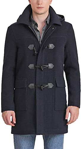 Landing Leathers Men Mason Wool Blend Single Breasted Walking Toggle Duffle Coat with Hood (Also available in Big and Tall), Navy Blue, XX-Large