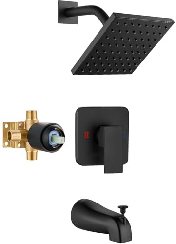 Heyalan Shower Faucet Set with Tub Spout, Bathtub and Shower Trim Kit with Valve, Single Handle Bathroom Shower Faucet Set 6 Inch Square Rainfall Shower Head,Matte Black