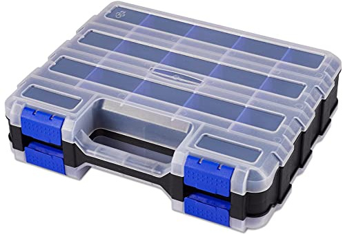 Hardware Organizer Box with 34 Compartments & Removable Dividers - Durable Plastic Double Side Tools Box for Nuts, Bolts, Screws, Nails & Small Hardware (Blue)