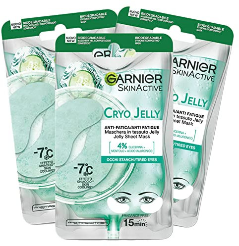 Garnier SkinActive Cryo Jelly Masque contour des yeux en tissu biodégradable anti-fatigue effet glace avec acide hyaluronique compte cernes formule végétalienne – 5 boîtes de 1 application
