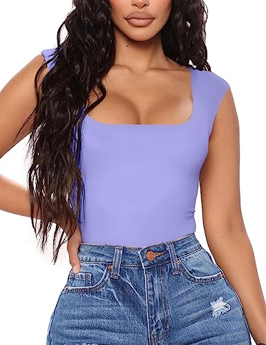 Aranmei Women Sexy Causal Bodysuit Square Neck Sleeveless Tank Top Bodysuit Teddy Clubwear for Going Out(Purple L)