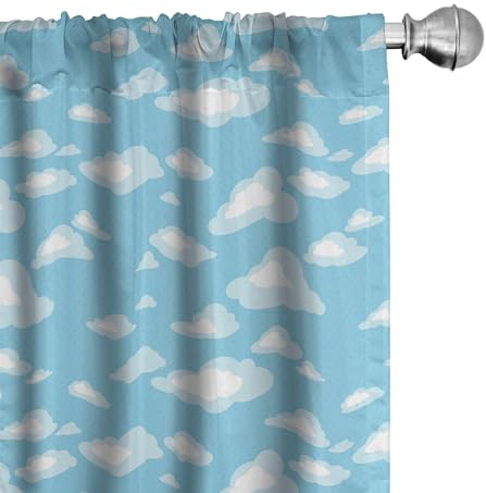 Ambesonne Blue and White Window Curtains Pack of 2, Cartoon Sky with Fluffy Clouds Clear Day Pattern, Lightweight Set with Rod Pocket, 4 Panels of - 28 x 84,Baby Blue