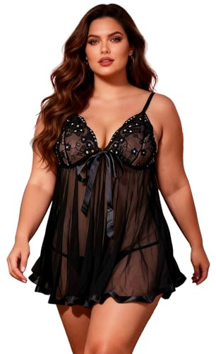 ohyeahlady Women Plus Size Babydolls Sexy Lingerie V Neck Lace Chemises Nighties Mesh Negligees Sleepwear with G-String Black Size 20