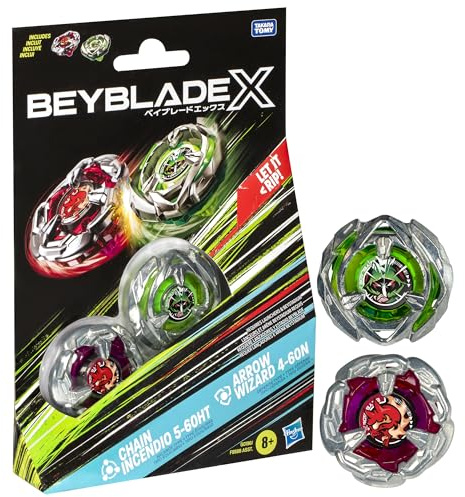 Beyblade X Chain Incendio 5-60HT and Arrow Wizard 4-60N Dual Pack Set with 2 Right-Spinning Tops; Battling Top Toys for 8 Year Old Boys and Girls