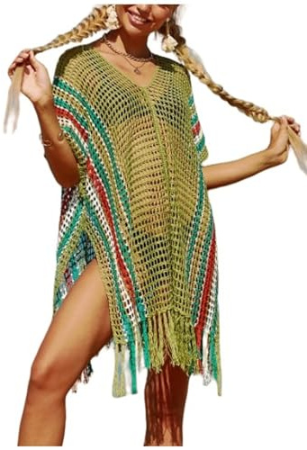 Jinsha Femme Plage-Tricot Robes-Cache Maillots-Bikini de Plage Mode - Cover Up Couvrir Sexy Dentelle Franges Col V Crochet Top Décontracté Sarongs Blouse Beach Dress Femme Kimono Verte
