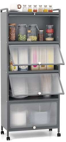 COSTWAY Rolling Kitchen Storage Cabinet, 5-Tier Tall Pantry Utility Shelf with Flip-up Doors & Lockable Wheels, Freestanding Bakers Rack Microwave Stand for Living Dining Room, 60 x 32 x 154cm (Grey)
