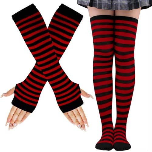 LUKIUP Rayas Calcetines Hasta la Rodilla, Juego de Calcetines Altos Hasta el Muslo, Guantes sin Dedos, Para damas, Halloween, fiestas de Navidad, cosplay de carnaval y fiestas de disfraces