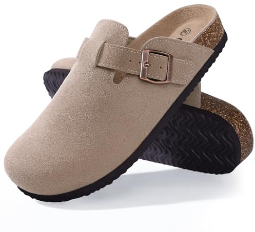 ODOLY Genuine Suede Clogs for Women Men Soft Cork Footbed Leather Mules Comfort Potato Shoes with Arch Support, Taupe 37